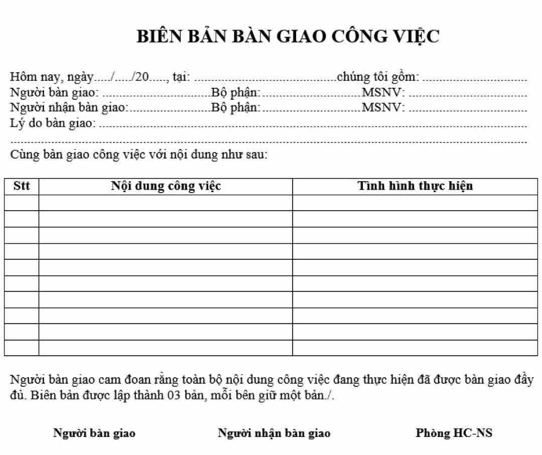 Mẫu biên bản bàn giao các công việc đúng chuẩn