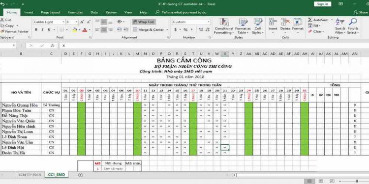 Lập bảng chấm công bằng Excel